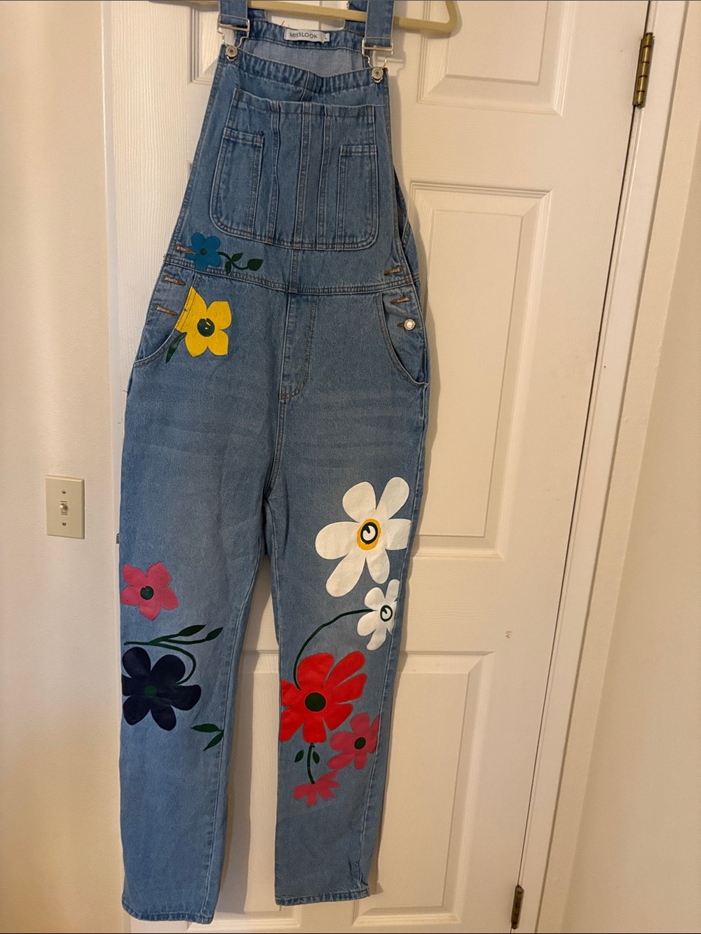 MISSLOOK Blue Denim Overalls with Multicolor Floral Appliqués